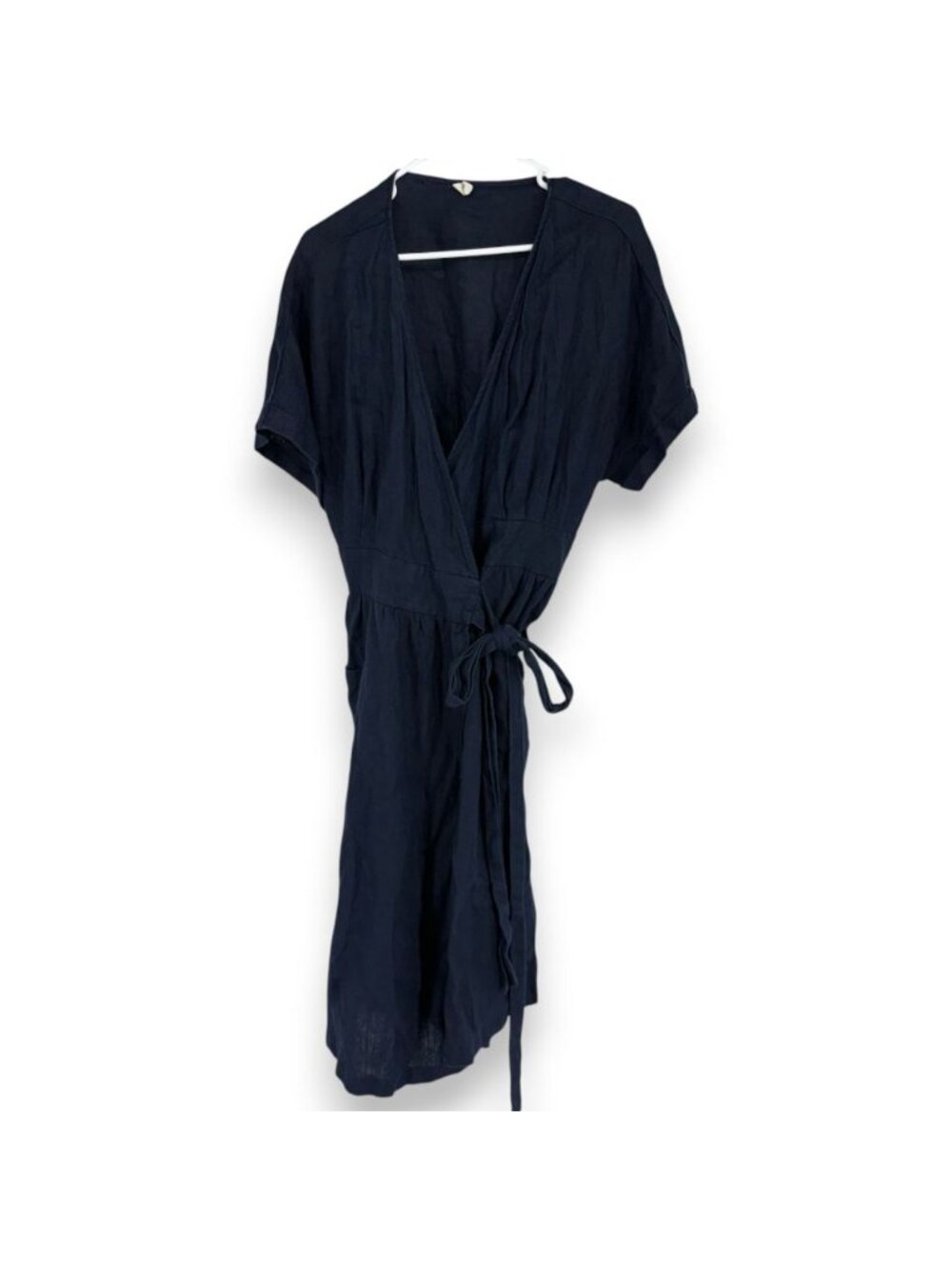 Grae Cove Women XXL Linen Wrap Dress Midi Navy Blue Tie Waist V Neck Breathable